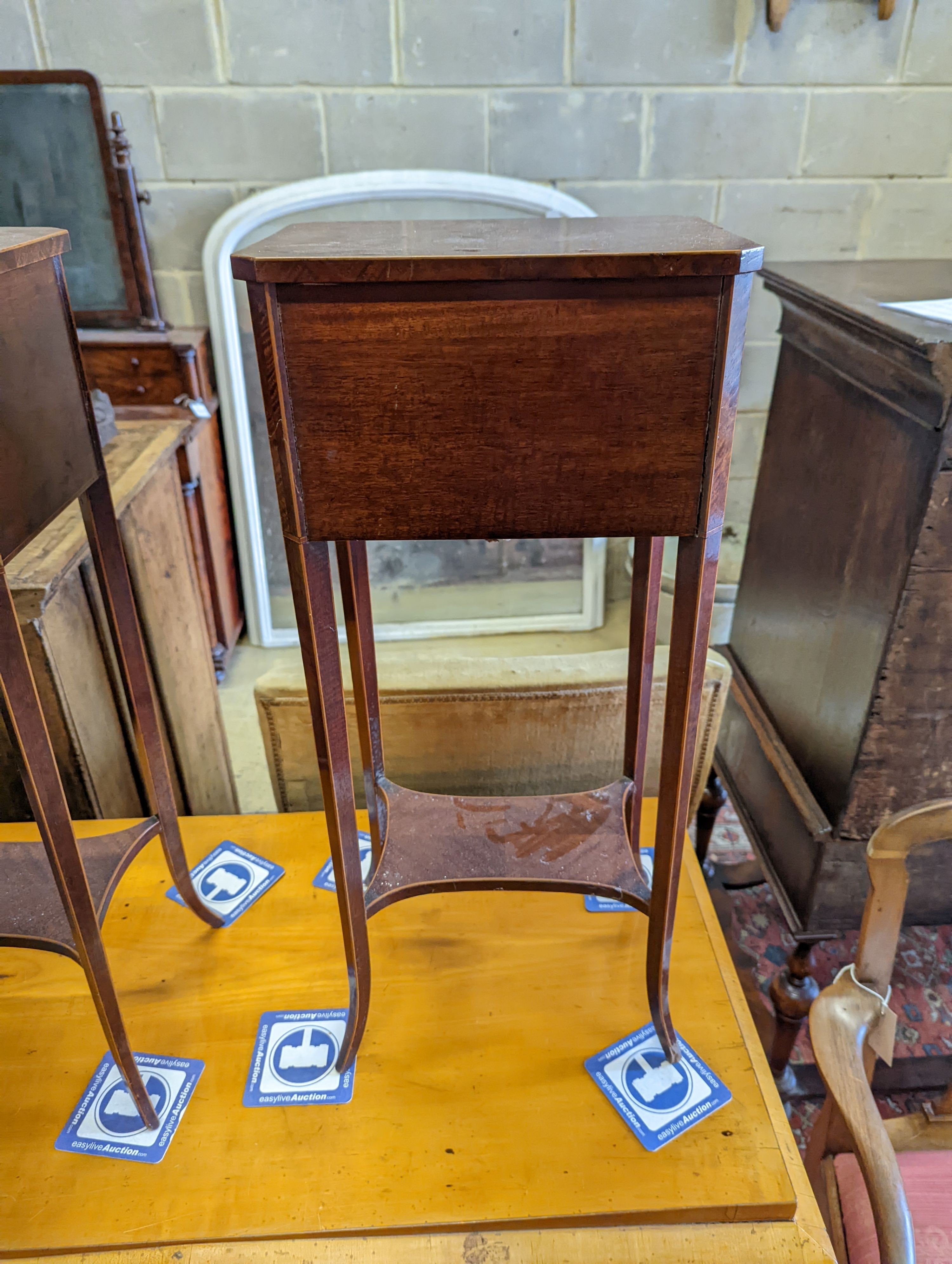 A pair of Sheraton revival inlaid mahogany two drawer bedside tables, width 30cm, height 67cm